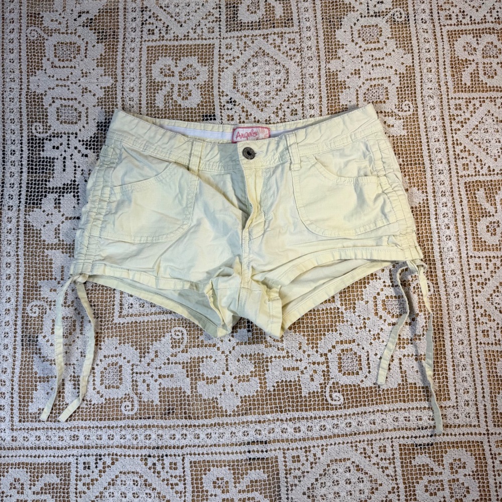 Angels Y2K Micro Mini Butter Yellow Low Rise Cargo Shorts Streetwear Womens Sz 7
